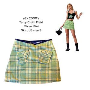 Y2K 2000'S MICRO‎ MINI  SKIRT TERRY CLOTH GREEN PLAID SKIRT SZ. US 3